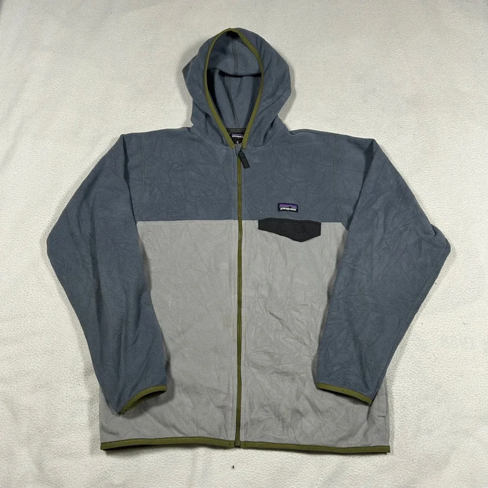 Patagonia Fleece Hoodie Kids XL 14 Grey Blue Colorblock Full Zip Jacket